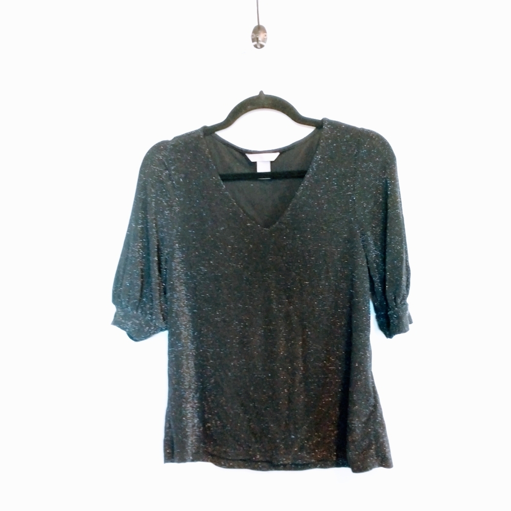 H&M black sparkly shirt sleeve top with v neck and puff sleeves size small